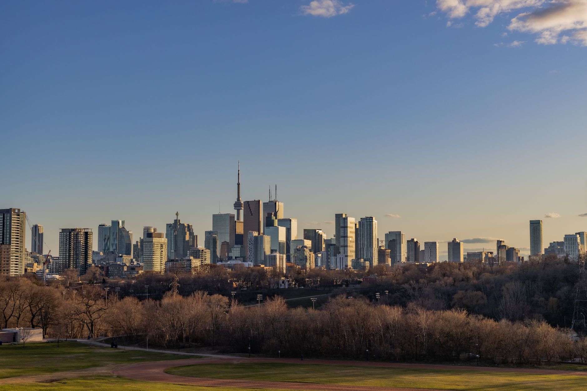 Beautiful view of Toronto skyline at sunset from Riverdale Park.