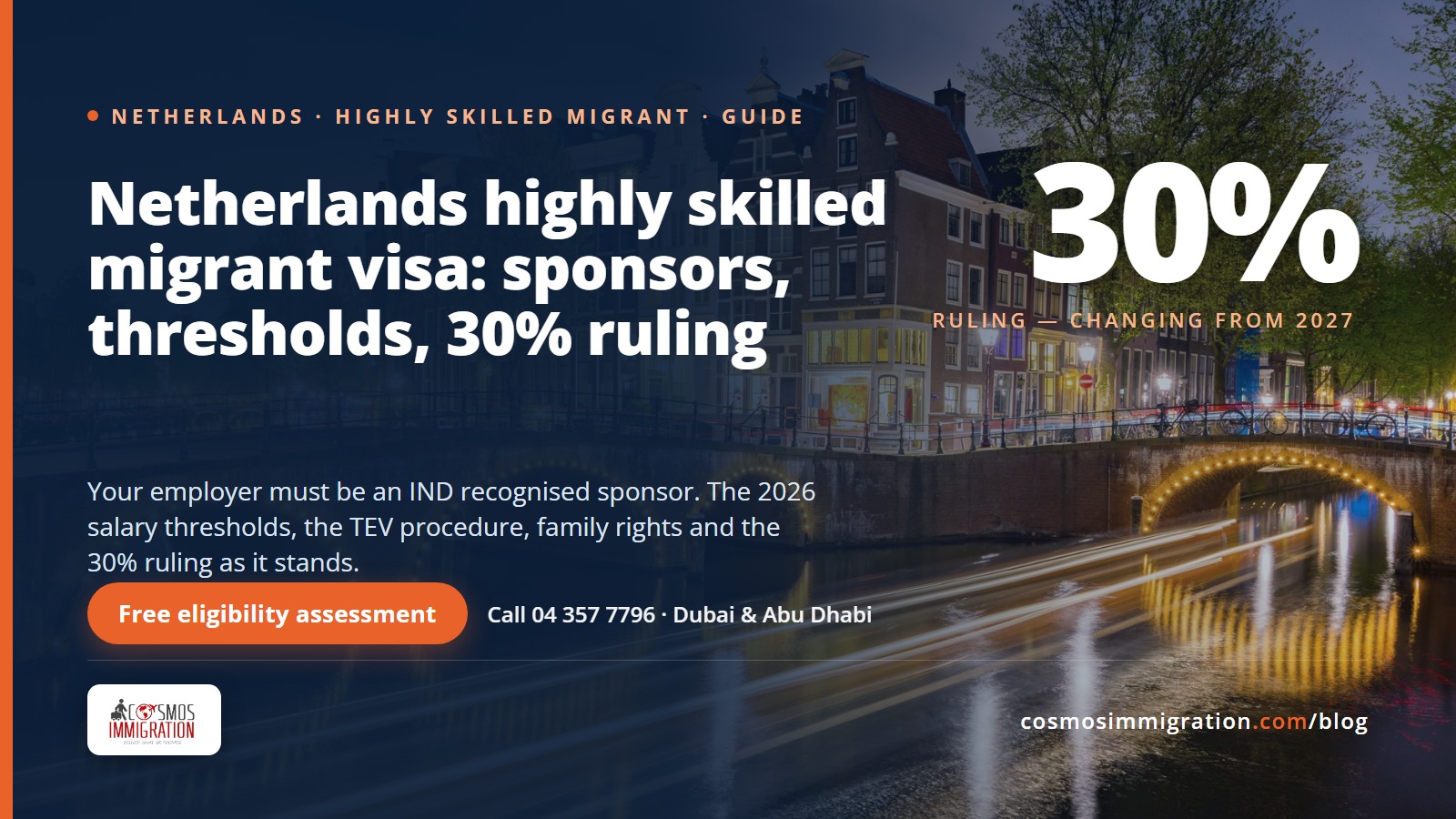 Netherlands highly skilled migrant visa: sponsors, thresholds, 30% ruling