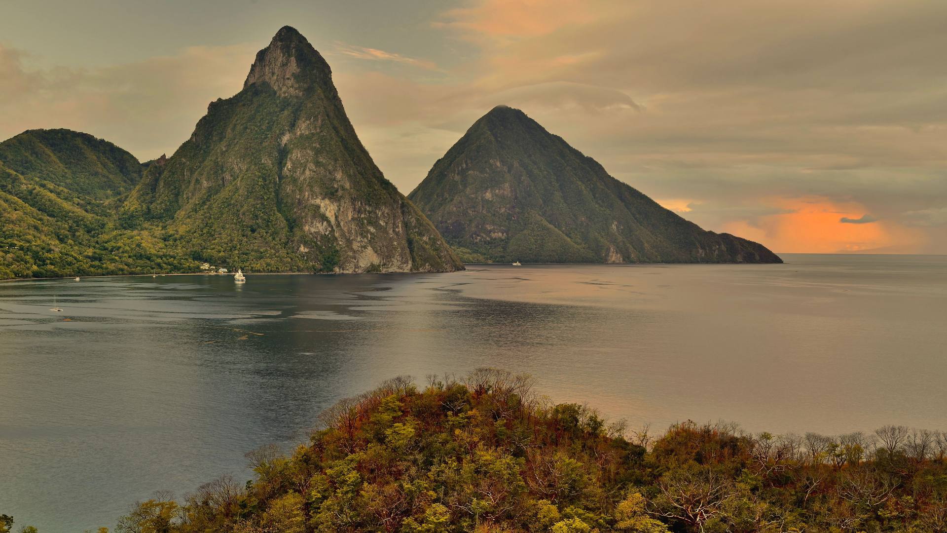 St Lucia coastline and Pitons at dusk